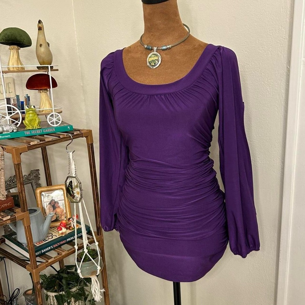 Vintage Purple Off the Shoulder Long Keyhole Sleeve Ruched Mini Dress by Jane
